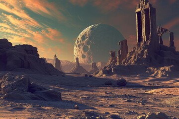Computer Generated Image of a Distant Planet, An ancient, advanced civilization ruins on a distant exoplanet, AI Generated - obrazy, fototapety, plakaty