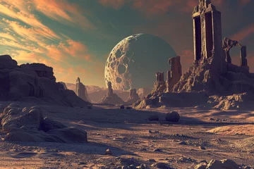 Foto op Canvas Computer Generated Image of a Distant Planet, An ancient, advanced civilization ruins on a distant exoplanet, AI Generated © Iftikhar alam