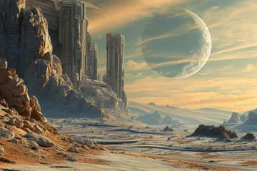 Foto op Canvas An otherworldly landscape featuring alien terrain and a planet looming in the distance, An ancient, advanced civilization ruins on a distant exoplanet, AI Generated © Iftikhar alam