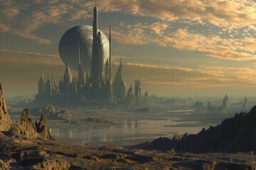 A futuristic cityscape featuring towering skyscrapers under a giant moon in the sky, An ancient, advanced civilization ruins on a distant exoplanet, AI Generated - obrazy, fototapety, plakaty