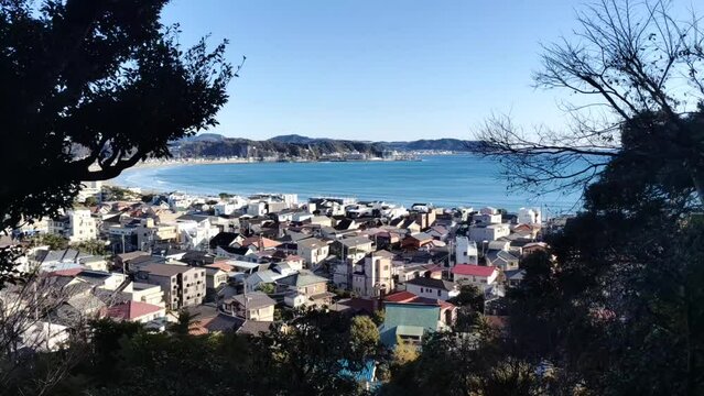 Kamakura, Japan. Panorama of town and ocean. 