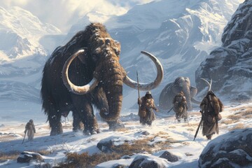 A group of individuals walking through a snowy field, leaving footprints in the pristine white snow, An ancient tribe hunting mammoths in a snowy landscape, AI Generated - obrazy, fototapety, plakaty