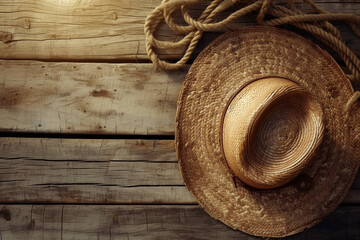 Hat with string on rustic blank board background with space for text, lettering or product, top view
