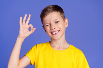 Photo of cute cheerful small boy wear trendy yellow clothes wink eye okey sign nice offer isolated on purple color background