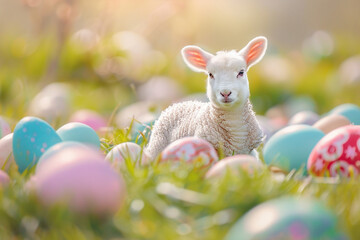 happy lamb with easter eggs on spring grass