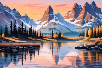 reflections of mountains in the lake and trees illustrations  - obrazy, fototapety, plakaty