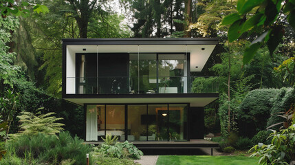 A sleek, minimalist black and white modern house standing amidst a lush garden, with large...