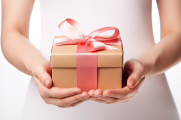 Woman hands holding present box with pink bow on pastel pink cloth background. Time gifts - gift box in hand girls