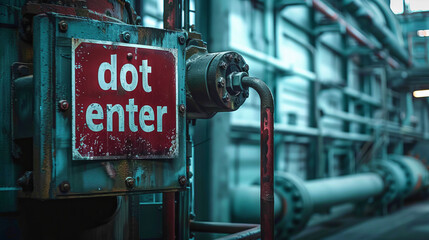 A worn and rusty "Do Not Enter" sign affixed to machinery at an industrial plant with piping in the background.
