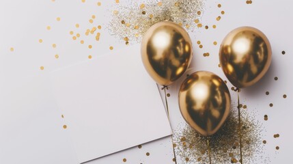 Golden balloons and glitter decoration. Template for birthday greeting card. Defocused bokeh background, copyspace for your text.