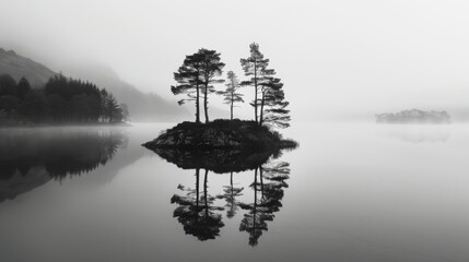 Misty Isle Reflections in Monochrome, Silhouette Illustration Trees on an Island.  Generative AI.
 - obrazy, fototapety, plakaty