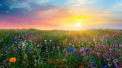 A symphony of colors as a field of wildflowers sways gently in the breeze under a sky painted with the hues of a setting sun.