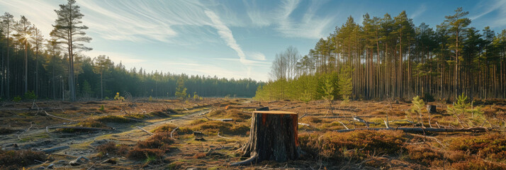 deforestation, panorama on a wide-angle frame, for a banner, against the backdrop of a pine forest, a bare clearing with stumps and broken branches - obrazy, fototapety, plakaty
