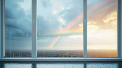 view of the city from the window, good weather, rainbow after rain, drops on the window, bad weather with rain, mood - obrazy, fototapety, plakaty