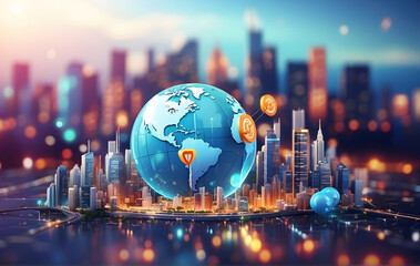 3D bokeh city skyline abstract background, Travel and technology concept, Technology Background, Wallpaper