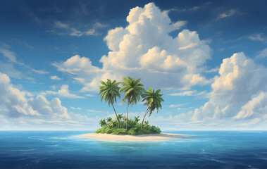 A tranquil small island adorned with two palm trees, situated amidst the vast expanse of the ocean under a serene blue sky with fluffy clouds. - obrazy, fototapety, plakaty