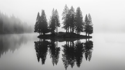 Misty Isle Reflections in Monochrome, Silhouette Illustration Trees on an Island.  Generative AI.
