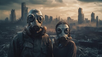 Young couple in gas masks pose against backdrop of destruction and chaos