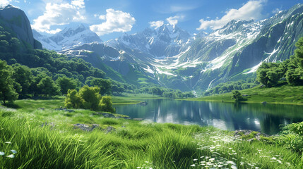 A tranquil alpine valley carpeted with lush green grass, cradled by towering mountain ranges. 