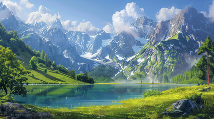 A tranquil alpine valley carpeted with lush green grass, cradled by towering mountain ranges. 