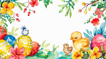 Obraz na płótnie Canvas A detailed watercolor painting depicting colorful Easter eggs surrounded by fluffy yellow chicks. The eggs are decorated with intricate patterns, while the chicks. Banner. Copy space