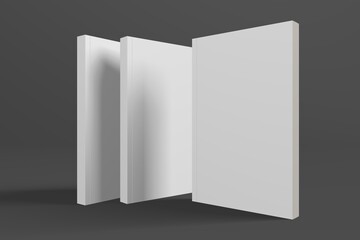 Realistic 3D book mockup illustration with 3 soft covers. Book model standing on isolated gray background with shadows. Book with 3 soft covers. Ready for you to present your design.