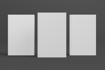 Realistic 3D book mockup illustration with 3 soft covers. Book model standing on isolated gray background with shadows. Book with 3 soft covers. Ready for you to present your design.