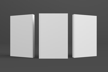 Realistic 3D book mockup illustration with 3 soft covers. Book model standing on isolated gray background with shadows. Book with 3 soft covers. Ready for you to present your design.