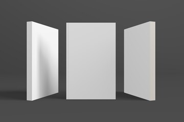 Realistic 3D book mockup illustration with 3 soft covers. Book model standing on isolated gray background with shadows. Book with 3 soft covers. Ready for you to present your design.