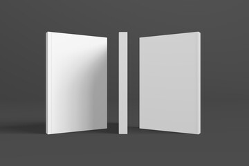 Realistic 3D book mockup illustration with 3 soft covers. Book model standing on isolated gray background with shadows. Book with 3 soft covers. Ready for you to present your design.