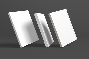 Realistic 3D book mockup illustration with 3 soft covers. Book model standing on isolated gray background with shadows. Book with 3 soft covers. Ready for you to present your design.