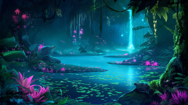 an unusual magical forest at night