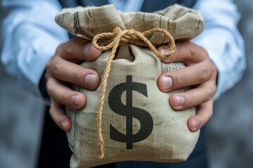 An individual tightly grasping a bag prominently featuring a large dollar sign, An entrepreneur holding a bag of money after getting a business loan, AI Generated