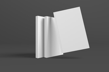 Realistic 3D book mockup illustration with 3 soft covers. Book model standing on isolated gray background with shadows. Book with 3 soft covers. Ready for you to present your design.