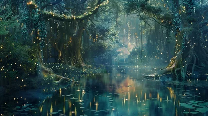 Fotobehang A tranquil pond nestled amidst a magical forest, reflecting the ethereal beauty of towering trees draped in cascading vines and shimmering with fireflies. Digital painting background. © Nasreen