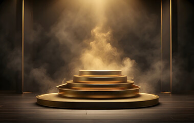Gold podium set against a dark backdrop enveloped in wisps of smoke, with an empty pedestal...