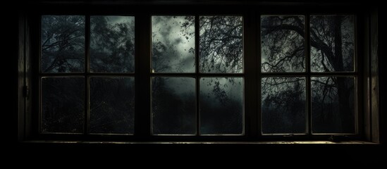 A dimly lit window offering a view of trees and foliage in the background