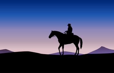 Cowboy Gunslinger riding a horse in dawn
