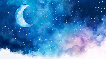 A painting depicting a crescent moon surrounded by stars in the night sky. Night Tales for Toddlers. Baby Background. Meditation and relaxation. Banner. Copy space