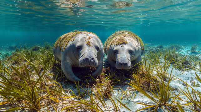 Underwater view of manatees grazing, highlighting their gentle interaction with the sea grass. 