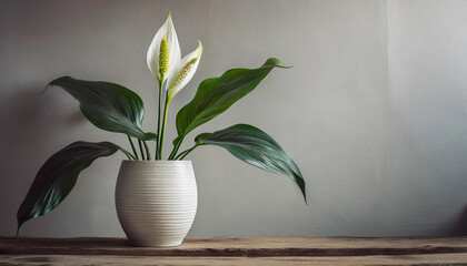 An elegant spathiphyllum plant stands in white pot against white wall, offering minimalist aesthetic, space for text