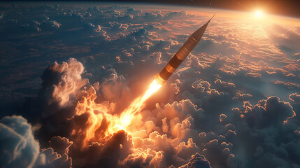 Powerful rocket pierces sunrise sky, trailing fire as it breaks through sea of clouds - obrazy, fototapety, plakaty