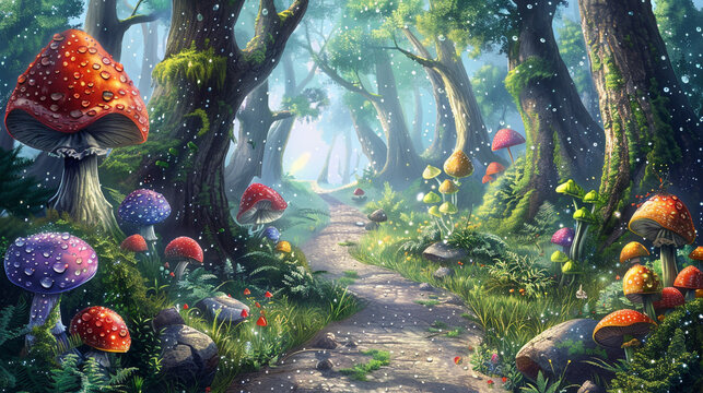 A winding path leading through an enchanting forest adorned with colorful mushrooms, sparkling dewdrops, and majestic trees stretching towards the sky. Digital painting background.