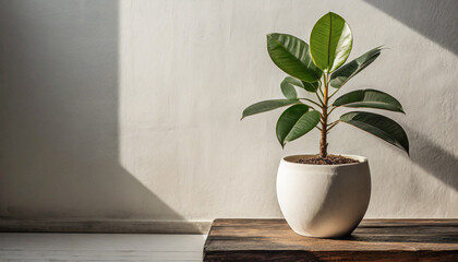 An elegant spathiphyllum plant stands in white pot against white wall, offering minimalist aesthetic, space for text