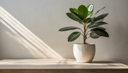 An elegant ficus plant in a white pot against a white wall, offering a minimalist aesthetic. space for text
 - obrazy, fototapety, plakaty