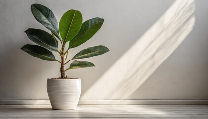 An elegant ficus plant in a white pot against a white wall, offering a minimalist aesthetic. space for text
