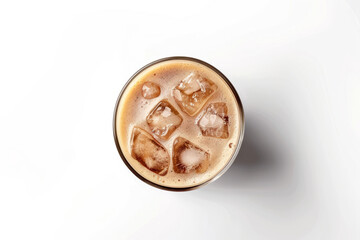 Cup of iced coffee latte with ice cubes, milk tea, top view on white background
