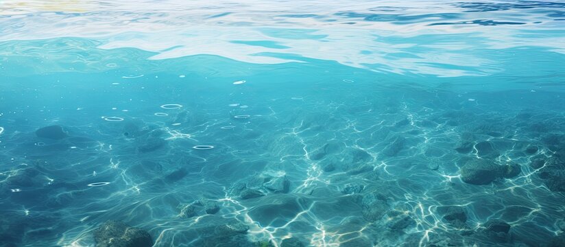 A close-up image showing a body of water with rocks visible under the surface