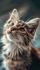 An adorable cat with expressive eyes looking up in charming portrait. Kitten with a curious snout and pointed ears in an aura of curiosity and charm.