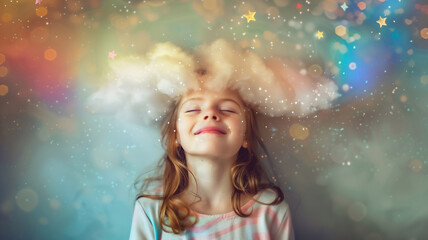 A young girl has fun playing in her thoughts dreams and creativity ,girl with cloud and rainbow pop up above her head .